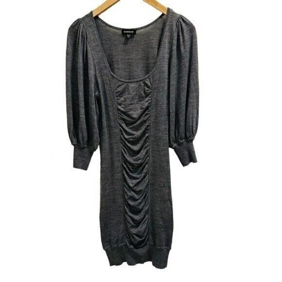 Bebe Gray scrunched Puff sleeves Sweater Dress Size Medium - Picture 1 of 7